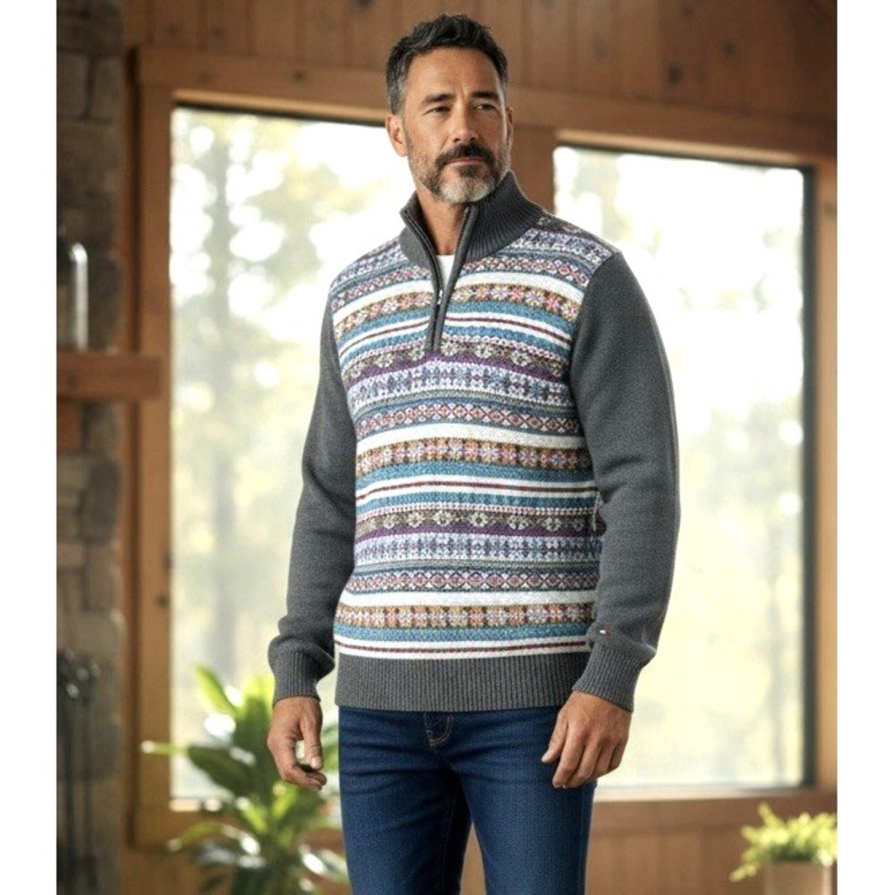 Tommy Hilfiger Retro 1/4 Zip Sweater Mens Med Fair Isle Nordic Winter Design